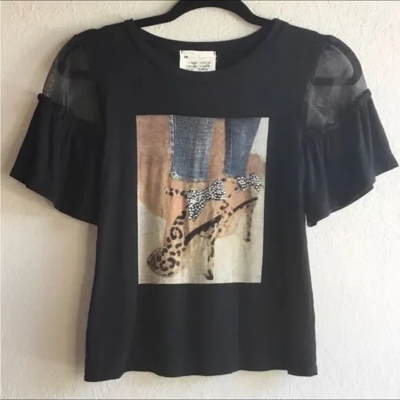 Mesh sleeve tshirt with black bow stiletto print bling chic artsy - Picture 5 of 5